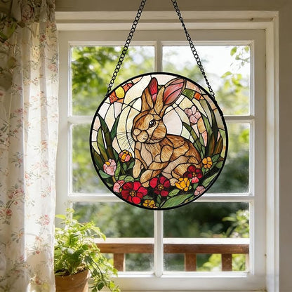 Stained Glass Window Hanging, Cute Bunny Flowers Sun Catcher for Window Door Home Decor, Rabbit Suncatcher Christmas Mother's Day Birthday Gifts for Women Men Mom and Nana 15 in