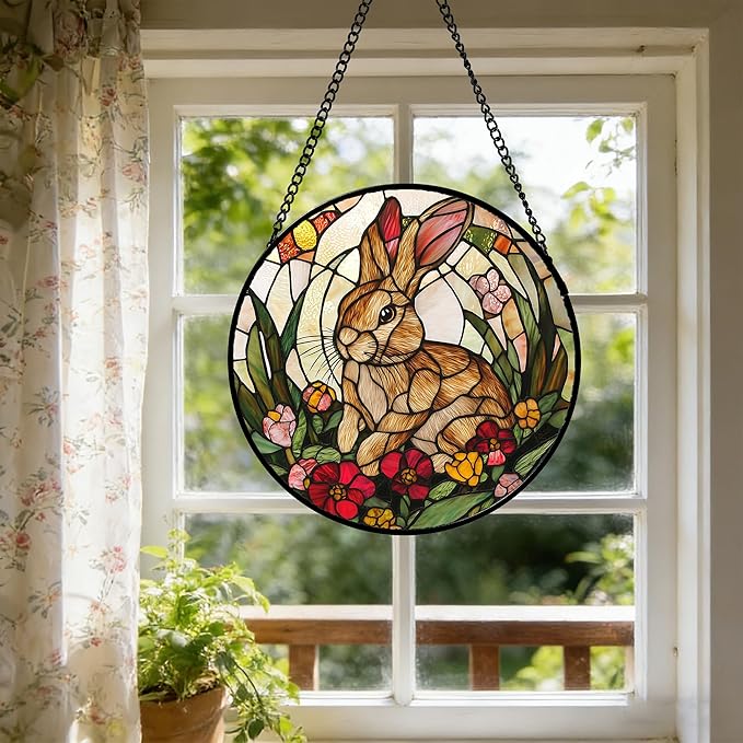 Stained Glass Window Hanging, Cute Bunny Flowers Sun Catcher for Window Door Home Decor, Rabbit Suncatcher Christmas Mother's Day Birthday Gifts for Women Men Mom and Nana 7.8 in