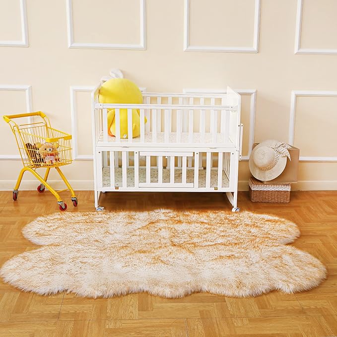 Fluffy Faux Fur Rug White Yellow Sheepskin Area Rug,4x6 Ft Ultra Soft Shaggy Plush Rug for Bedroom Bedside Living Room Nursery Kids Room