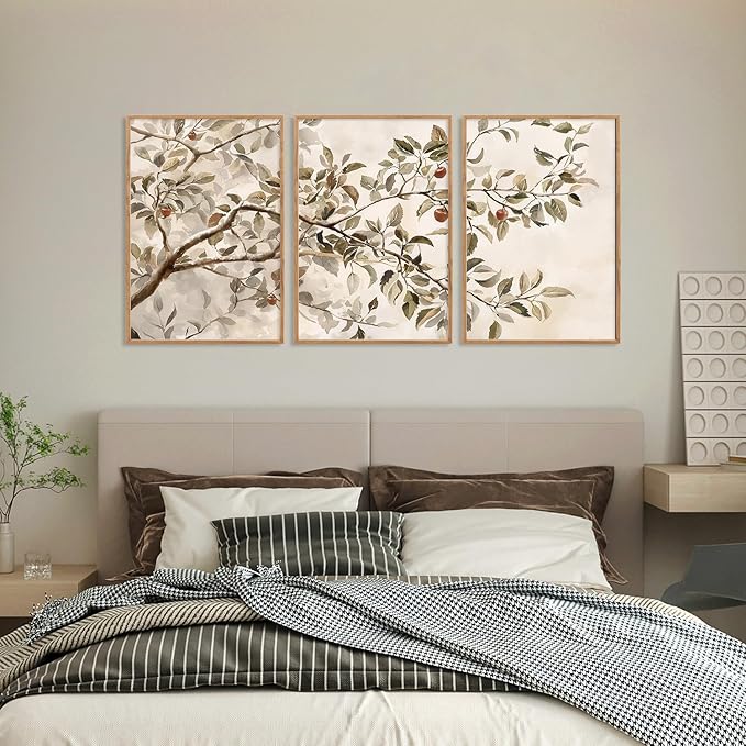 HLNIUC Apple Tree Vintage Framed Wall Art Set, Botanical Branch Canvas Wall Decor, Rustic Farmhouse Leaves Wall Painting, Retro Nature Plant Art Print for Living Room, Bedroom, Office - 16"x24"x3