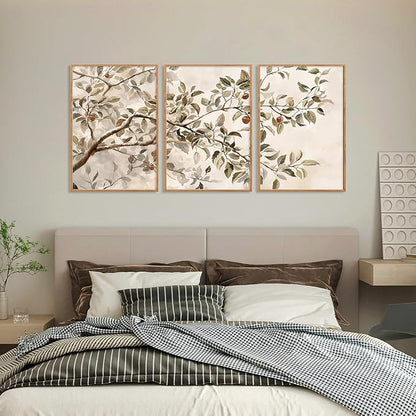 HLNIUC Apple Tree Vintage Framed Wall Art Set, Botanical Branch Canvas Wall Decor, Rustic Farmhouse Leaves Wall Painting, Retro Nature Plant Art Print for Living Room, Bedroom, Office - 16"x24"x3