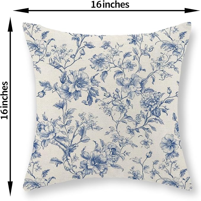 Blue Pillow Covers 16x16 Set of 2 Blue and Cream Floral Chinoiserie Throw Pillows Vintage Rustic Toile Flower Decorative Pillow Cases Outdoor Chinoiserie Decor Cushion Case for Couch Bed Sofa