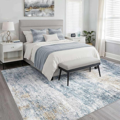 10x14 Area Rugs Living Room: Washable Large Neutral Rug Abstract Soft Modern Stain Resistant Indoor Floor Non-Slip Carpet for Bedroom Nursery Kids Office Playroom Dining Room Under Table- Blue Gold