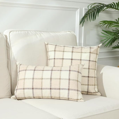 Stellhome Pack of 2 Faux Linen Buffalo Check Throw Pillow Covers, Farmhouse Plaid Decorative Cushion Covers for Couch Sofa Living Room, 26x26 Inch, Beige