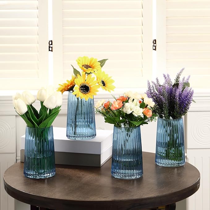 Blue Glass Vases Set of 4, Small Vases for Flowers, Flower Vase for Bouquet, Modern Ribbed Glass Vase for Living Room, Bedroom, Dining Table, Office, Wedding, Centerpieces