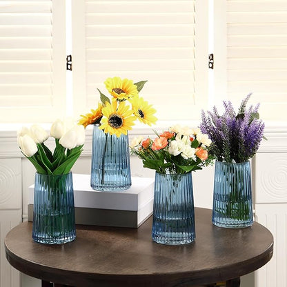 Blue Glass Vases Set of 4, Small Vases for Flowers, Flower Vase for Bouquet, Modern Ribbed Glass Vase for Living Room, Bedroom, Dining Table, Office, Wedding, Centerpieces