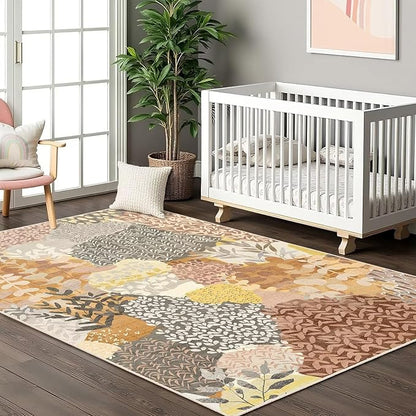 DEXDE Fall Washable Area Rug 3x5 for Living Room, Tropical Vintage Leaf Floral Rugs Non Slip Soft Kids Room,Abstract Small Boho Carpet for Bedroom, Entryway, Kitchen, Office Dining Room,Camel