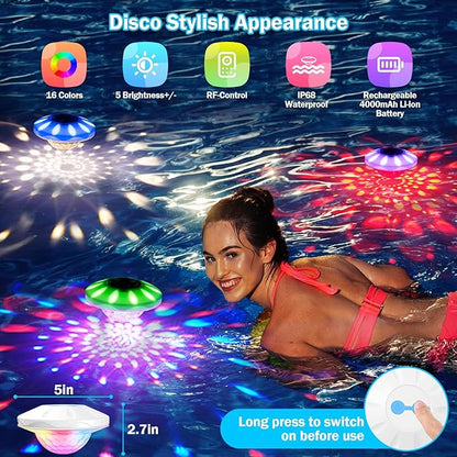 Floating Pool Lights, Rechargeable Pool Lights with Remote, 4000mAh IP68 Waterproof 6 Dynamic Lighting Effects Upper and Lower RGB Color Changing Floating Hot Tub Light for Bath Pond 4 Pack