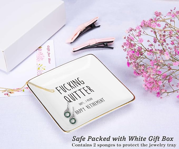 NZY Fucking Quitter Oops-Happy Retirement Gifts-Funny Colleagues Retirement,Goodbye,Leaving Present for Coworkers Boss Leader Teacher-Appreciate Christmas Gift-Jewelry Tray Trinket Holder Ring Dish
