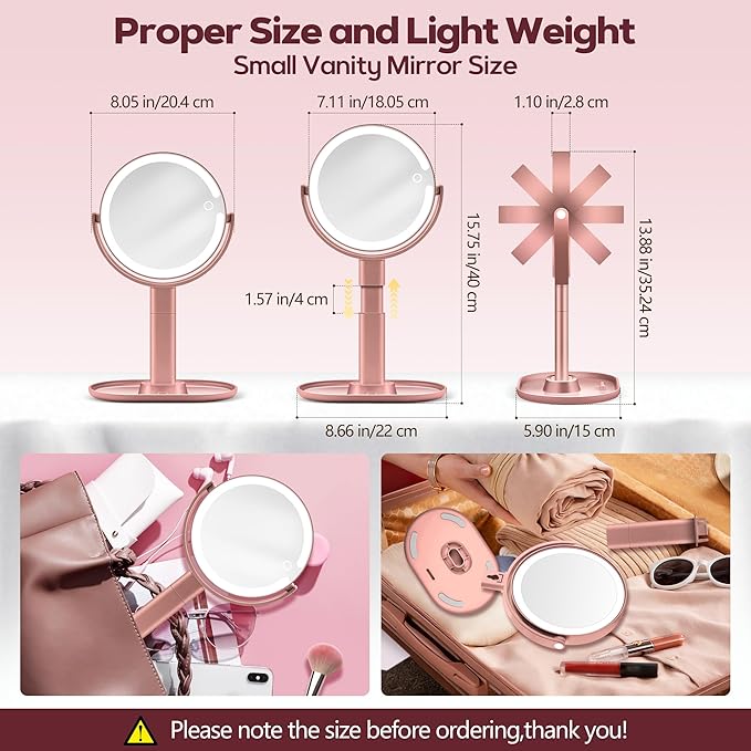 Makeup Mirror with Lights, 30X Magnifying & Height Adjustable, Lighted Magnifying Mirror with 3 Light Modes & Stepless Dimming, Vanity Mirrors for Bathroom, Birthday Gift for Women, Rosegold
