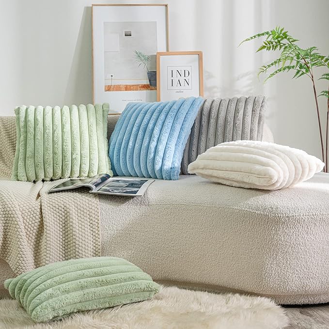 DEELAND Pack of 2,Double-Sided Faux Fur Plush Decorative Throw Pillow Covers Fuzzy Striped Soft Pillowcase Cushion Covers for Sofa Couch Bedroom Green 26x26 inch