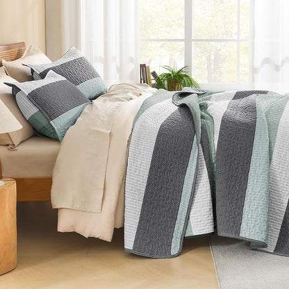 Litanika Oversized King Quilt Set Sage Green, 128x120 Stripe Bedspread Coverlet 3 Pieces, Sage Green Lightweight Quilted Bedding Set for All Season(Super King Plus-1 Quilt, 2 Pillowcases)