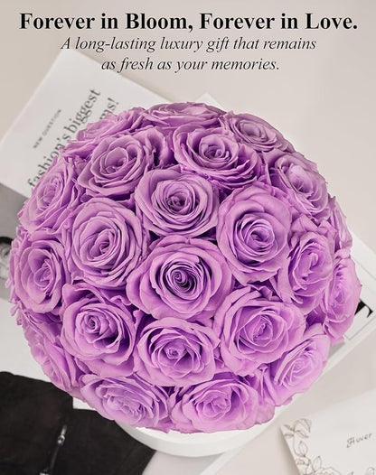 27 Forever Roses Dome in Luxury White Box, Eternal Real Roses Birthday Gifts for Women, Preserved Flowers for Delivery Prime, Anniversary, Valentine's Day, Mothers Day for Mom (Light Purple)