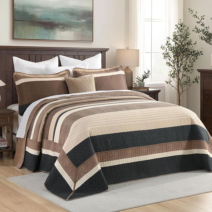 Finlonte Bedspread King Size 100% Cotton Oversized King Size Bedspreads Charcoal Brown Beige California King Quilted Bed Spread Striped Farmhouse Lightweight Soft Bedding Sets for All Season, 3 Piece