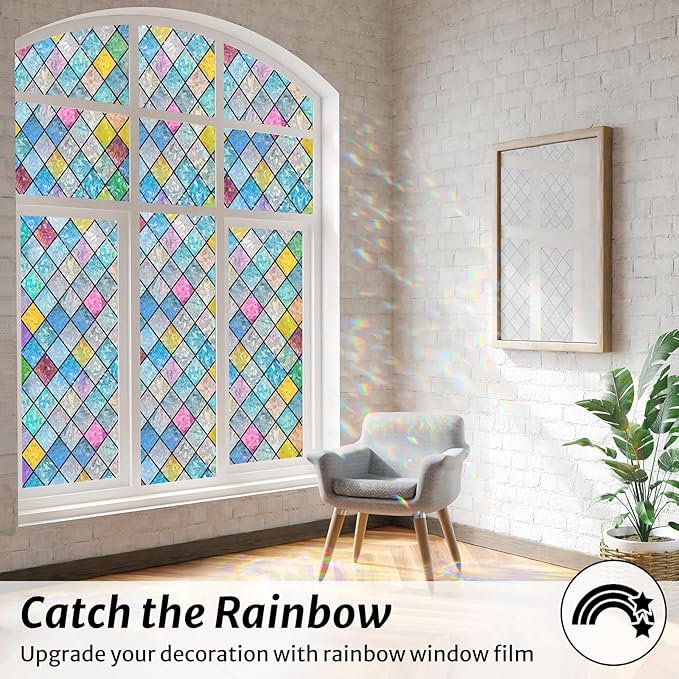 rabbitgoo Stained Glass Window Film Rainbow Film Decorative 3D Privacy Sticker Colorful Lattice Window Decals Cling, Sun Catcher Static Decals for Home 29.5" x 78.7"