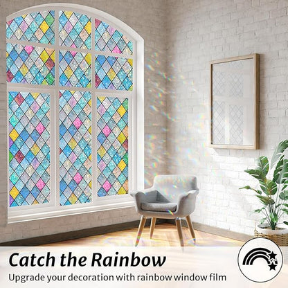 rabbitgoo Stained Glass Window Film Rainbow Film Decorative 3D Privacy Sticker Colorful Lattice Window Decals Cling, Sun Catcher Static Decals for Home 17.5"×78.7"