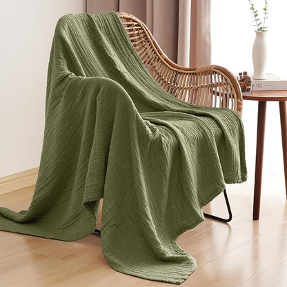 PHF 100% Cotton Muslin Throw Blanket 50" x 60", 4-Layer Lightweight Gauze Throw, Breathable Cloud-Soft Minimalist Blanket for Bed, Couch, Camping & Baby, Olive Green, Ideal Gift