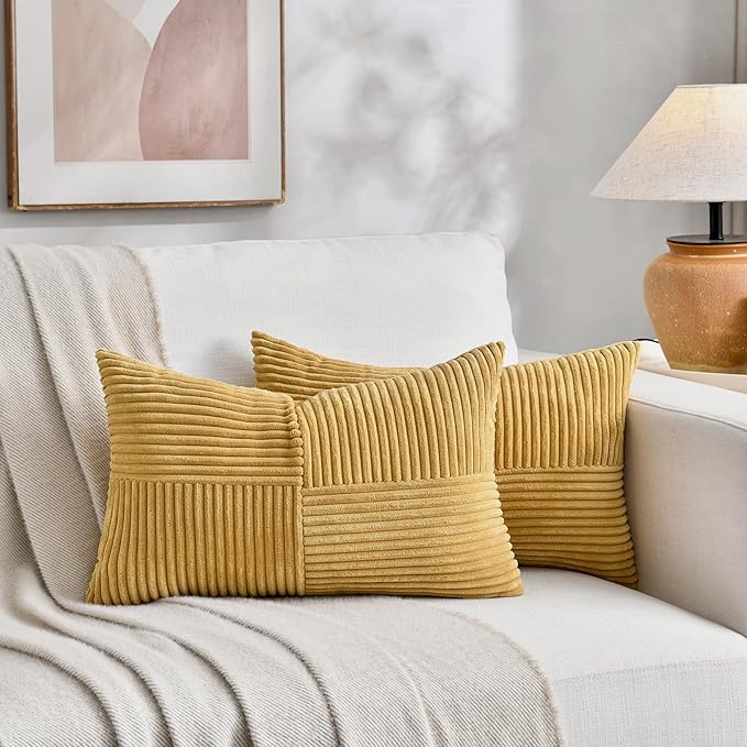 Fancy Homi 2 Packs Mustard Yellow Lumbar Decorative Throw Pillow Covers 14x22 Inch for Living Room Couch Bed, Rustic Farmhouse Boho Home Decor, Soft Striped Corduroy Rectangle Accent Cushion Case