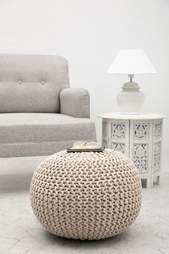 COTTON CRAFT Round Pouf - Hand Knitted Tweed Cable Dori Pouf - Cotton Braid Cord Foot Stool Footrest Ottoman Accent Seat Furniture Bean Bag - Family Room Kids Nursery Dorm - 20x14 - Natural