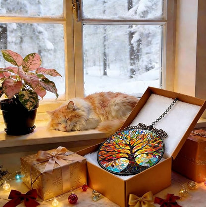 Stained Glass Window Hanging, Tree of Life Sun Catcher, Sun Catchers Indoor Window, Colorful Glass Panel,Suncatcher Room Decor,Gifts for Grandma Mom Wife,Aunt Birthday Gifts for Women 7.8in