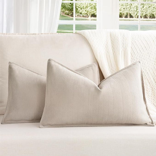 ZWJD Beige Lumbar Pillow Covers 12x20 Set of 2 Chenille Throw Pillow Covers with Elegant Design Soft and Luxurious Decorative Throw Pillows for Couch, Bed, and Home Decor