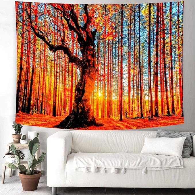 Delur Sunset Forest Tapestry Tree of Life Tropical Rainforest Landscape Tapestry Wall Hanging Scenic Nature Woodland Natural Sunrise Headboard for Bedroom Living Room Home Decor (70.8" x 92.5")