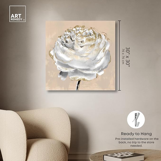 Art Remedy Beige Ranunculus Canvas Elegant White Gold Wall Art, Gallery Wrapped, 30" x 30"