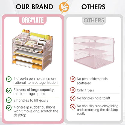 5 Tier Paper Letter Tray with 3 Drop-in Pen Holders, Mesh Desk File Organizer with Handle, Desk Organizers and Accessories for School,Home, Office Supplies Storage-Pink