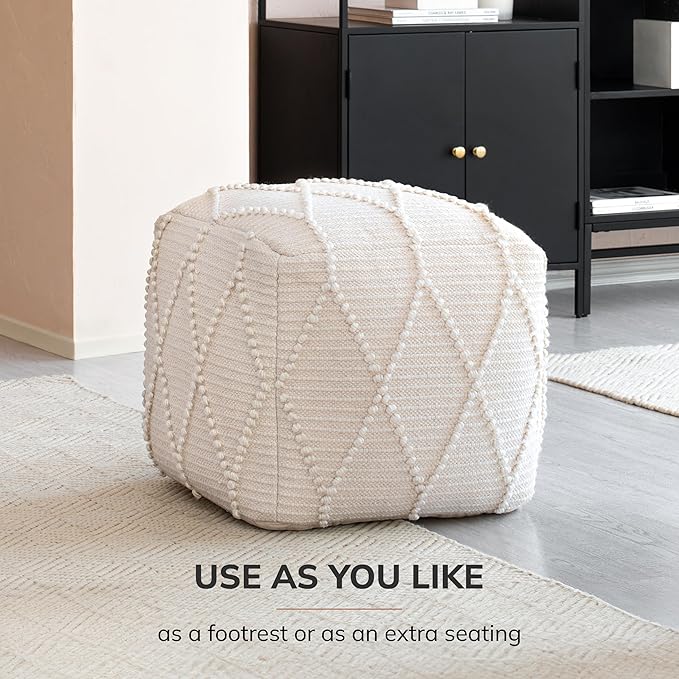 Anji Mountain 100% Handmade & Handcrafted Comfortable Home Décor Pouf Ottoman Footrest for Living Room, Bedroom, Nursery, Kidsroom, Patio Furniture - (19" x 19" x 17"- Ivory)