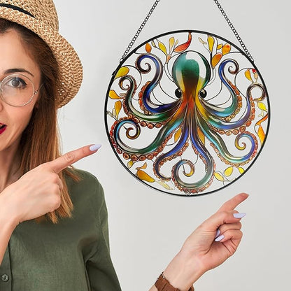 Octopus Stained Glass Window Hanging, 9.8’’ Sun Catcher Glass Panel Ocean Theme Wall Art Decor with Chain, Birthday Gift for Sons, Daughters, Grandson