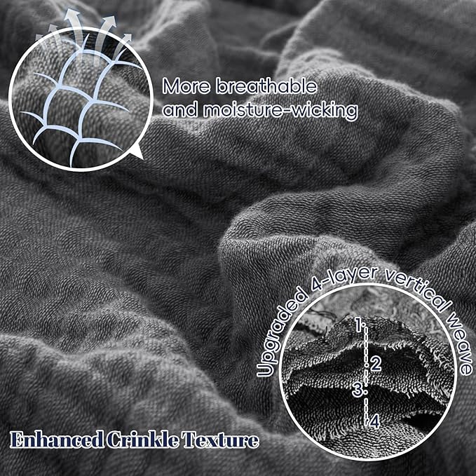 PHF 100% Cotton Muslin Throw Blanket 50" x 60", 4-Layer Lightweight Gauze Throw, Breathable Cloud-Soft Minimalist Blanket for Bed, Couch, Camping & Baby, Greyish Black, Ideal Gift