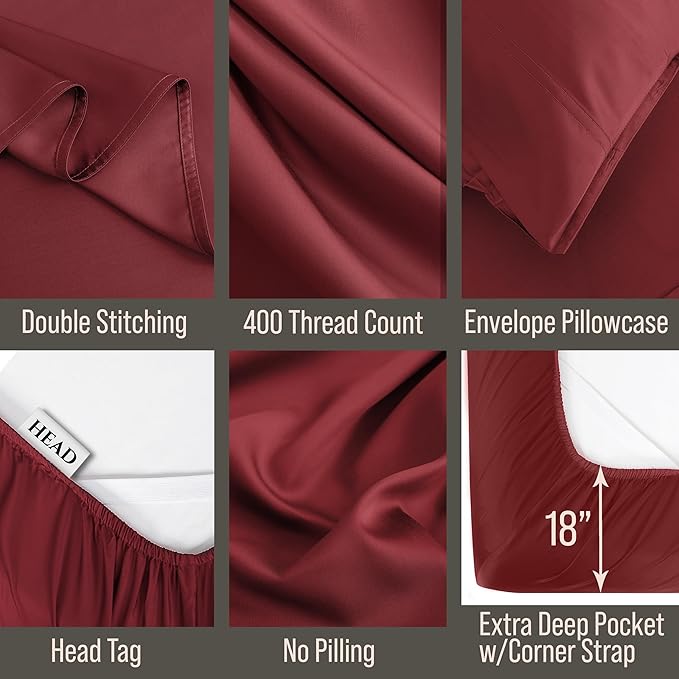 Bella Coterie 6 Piece Luxury Bamboo Viscose Queen Size Sheet Set | 100% Organically Grown | Cooling for Hot Sleepers | 18" Deep Pocket | Soft & Hypoallergenic | 4 Pillowcases [Merlot]