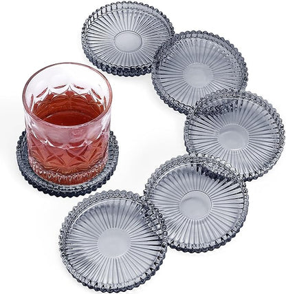 Vintage Glass Coasters, GOH DODD Set of 6 Crystal Coasters Tabletop Protection for Drinks, Home Decor, Kitchen, Living Room, Patio, Wedding, Party, Housewarming Gifts, Clear Black