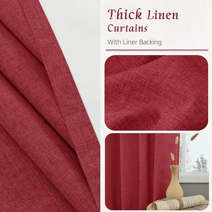 LAMIT Linen 100% Blackout Window Curtains for Bedroom, 45 Inches Linen Textured Thermal Christmas Decor Curtains Back Tab and Rod Pocket Window Panels with White Liner, 2 Panels, 38 x 45 Inch, Red