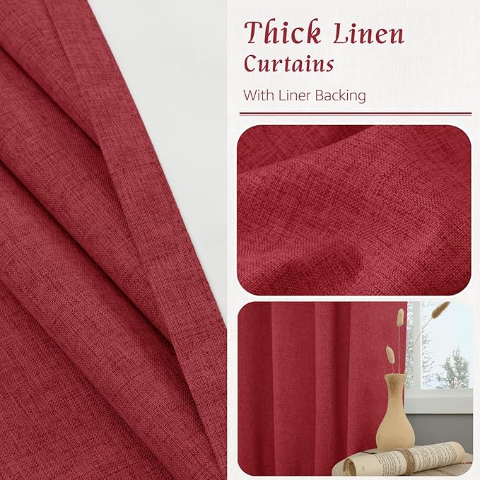 LAMIT 100% Blackout Red Linen Curtains, 63 Inches Linen Textured Thermal Bedroom Drapes Back Tab and Rod Pocket Christmas Panels with White Liner for Livingr Room, 2 Panels, 52 x 63 Inch