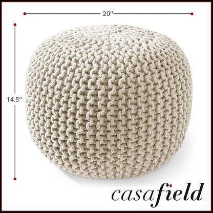 Casafield Round Pouf Ottoman, Natural - 20" Diameter x 14.5" High Cotton Knit Foot Stool - Boho Floor Pouffe for Living Room, Bedroom, Home Office