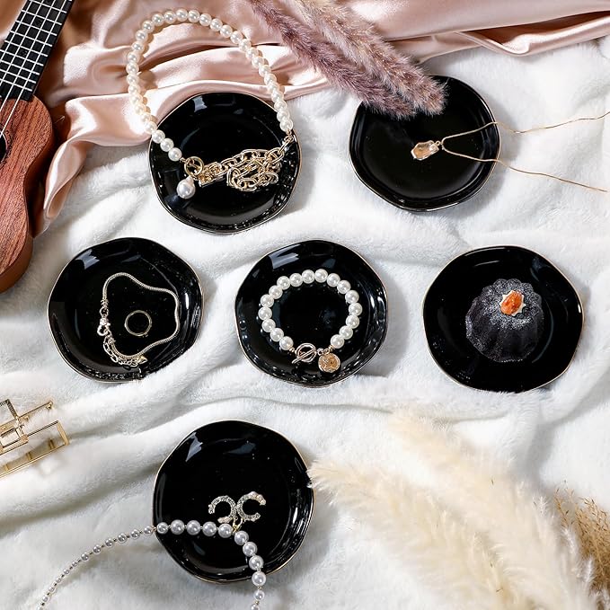 Shappy 12 Pcs Christmas Ceramic Jewelry Tray Gift 4.5 Ring Dish Bulk Decorative Trinket Dish for Birthdays Gift (Black)