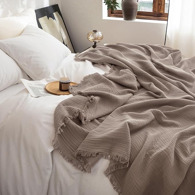 FOSSA Muslin Blanket with Fringe - 4-Layer 100% Cotton Gauze Super Soft & Breathable Throw -Lightweight Decorative Cooling Blanket for Bed, Sofa, Office (Pale Brown, Twin XL (66" × 90"))