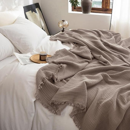 FOSSA Muslin Blanket with Fringe - 4-Layer 100% Cotton Gauze Super Soft & Breathable Throw -Lightweight Decorative Cooling Blanket for Bed, Sofa, Office (Pale Brown, Queen (90" × 90"))
