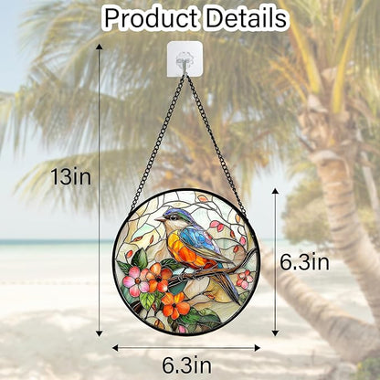 DASTOLL Stained Glass Window Hanging, Blue Bird Pink Flower Suncatcher Diamond Glass Panel Bird Sun Catchers Decor for Birthday for Women, Men, Wife, Aunt, and Mom 6.3 in