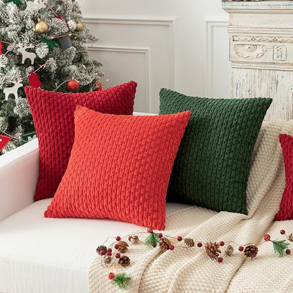 Kevin Textile Christmas Velvet Corduroy Boho Throw Euro Pillow Sham Cushion Cover for Bed 2 Pcs 16 x 16 Inch (40 x 40 cm) Dark Green