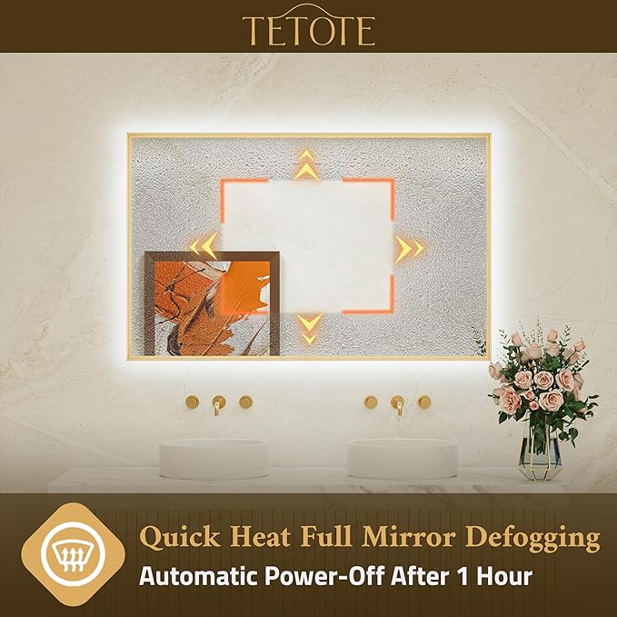 TETOTE 72 x 36 Backlit Bathroom Mirror Brushed Gold Metal Frame LED Light Vanity 3-Color White/Warm/Natural Stepless Dimmable Anti-Fog Backlight Mirror Wall-Mounted