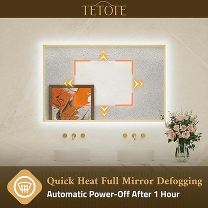 TETOTE 24 x 32 Backlit Bathroom Mirror Brushed Gold Metal Frame LED Light Vanity 3-Color White/Warm/Natural Stepless Dimmable Anti-Fog Backlight Mirror Wall-Mounted