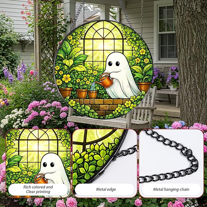 Rngmsi Stained Glass Window Hanging, 7.8″ Ghost Sun Catchers Art Decor Indoor Window, Decorative Suncatchers Hanging Ornaments Home Garden Gift for Plant Lover Housewarming