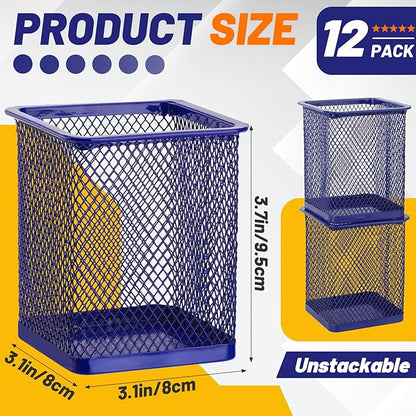Segarty Pen Cup Holder, 12 Pack Square Dark Blue Pen Holder for Desk, Cute Metal Mesh Pencil Cups Container Marker Organizer Set for Office Supply, School Classroom, Home Desktop, Makeup Brush Storage