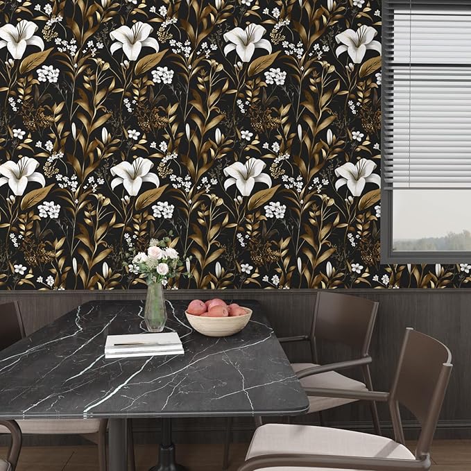 White Floral Wallpaper Peel and Stick, Black Gold Vintage Contact Paper, Dark Golden Botanical Wall Paper Self Adhesive Removable Waterproof for Bedroom Cabinet Drawer Table Decor 17.5" x 118"