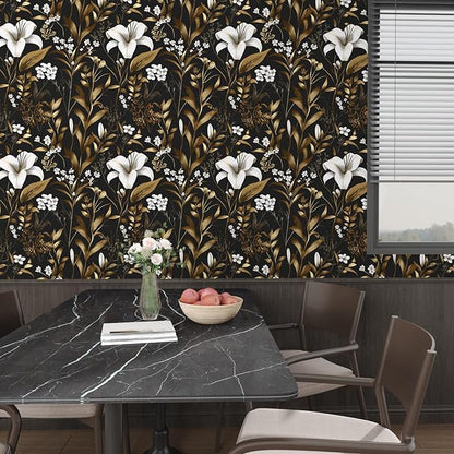 White Floral Wallpaper Peel and Stick, Black Gold Vintage Contact Paper, Dark Golden Botanical Wall Paper Self Adhesive Removable Waterproof for Bedroom Cabinet Drawer Table Decor 17.5" x 118"