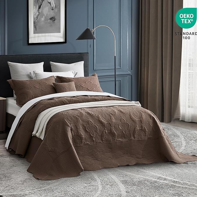 HZ & HY Oversized King Bedspread, Quilted Coverlet Bedding Set, Lightweight Thin Comforter, Reversible, 5 Piece, 100% Microfiber, Mocha
