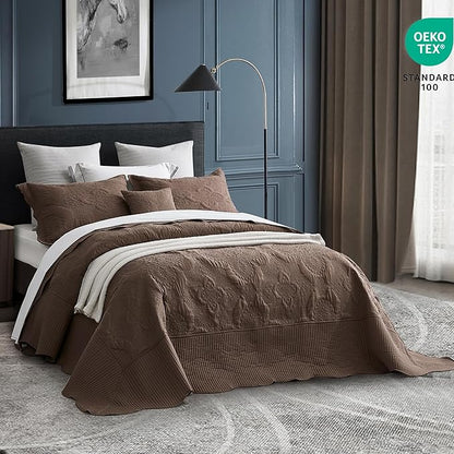 HZ & HY Oversized King Bedspread, Quilted Coverlet Bedding Set, Lightweight Thin Comforter, Reversible, 5 Piece, 100% Microfiber, Mocha
