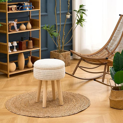 Wimarsbon Pouf Ottoman, 100% Cotton Knitted Boho Footstool, Round Footrest with Non-Skid Wood Legs, Home Décor Handmade Pouffe, Leisure Floor Step Stool for Living Room (High Storage Beige)